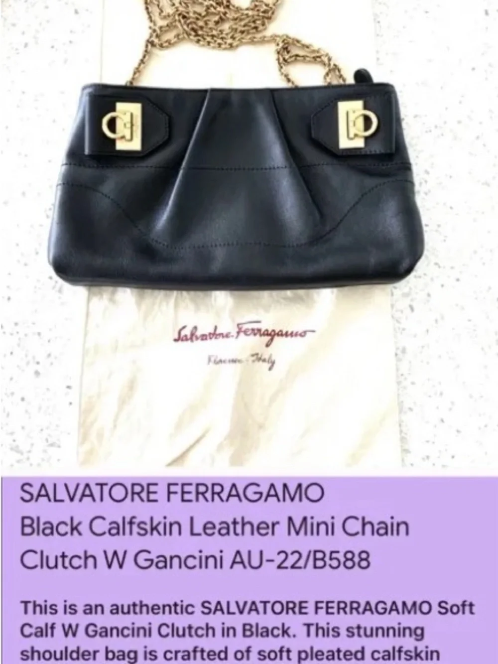 Salvatore Ferragamo Black Leather Shoulder Bag with Gold Chain and Hardware